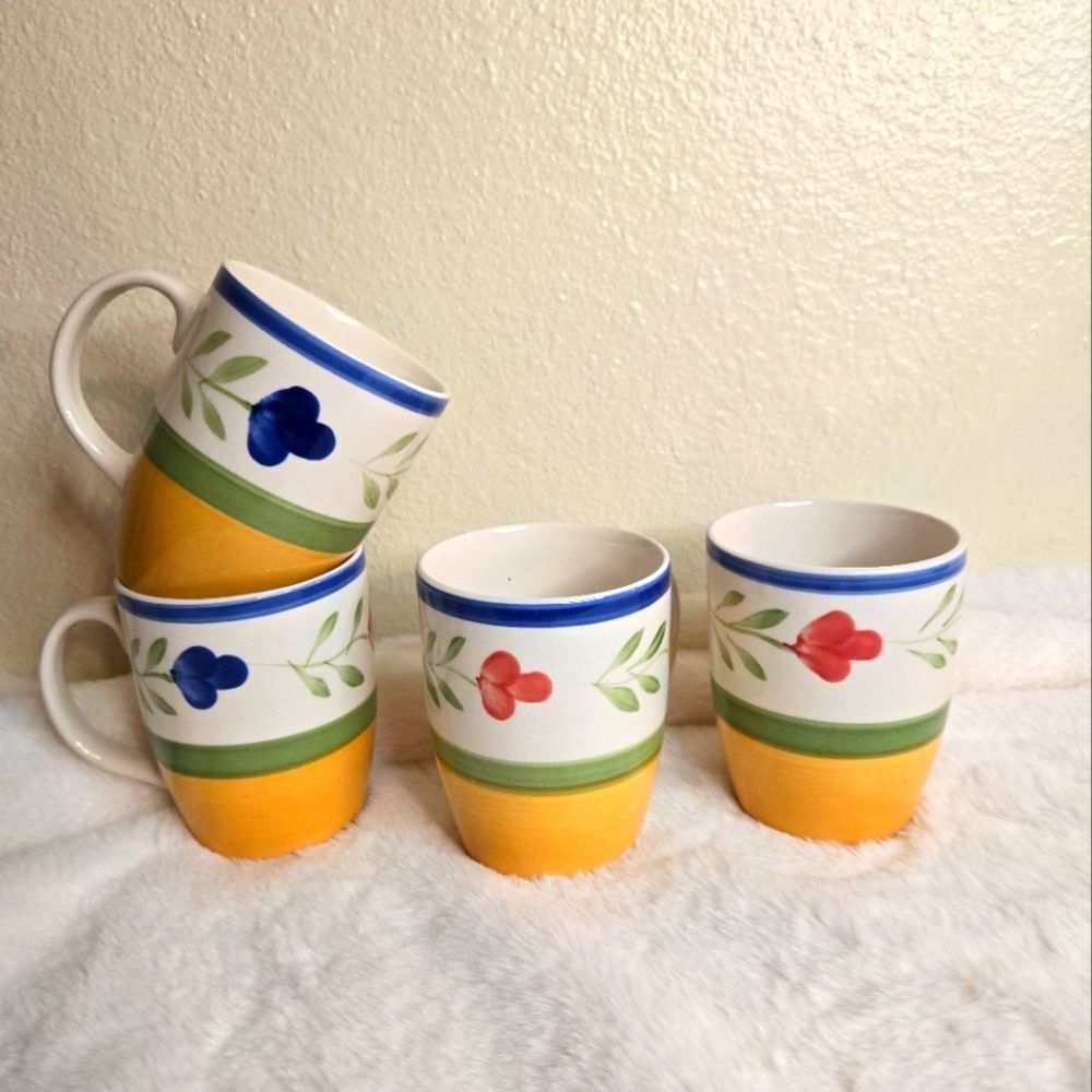 Vintage Pier 1 Hand-Painted Floral Yellow & Green & Blue & Red  Mugs - Preowned